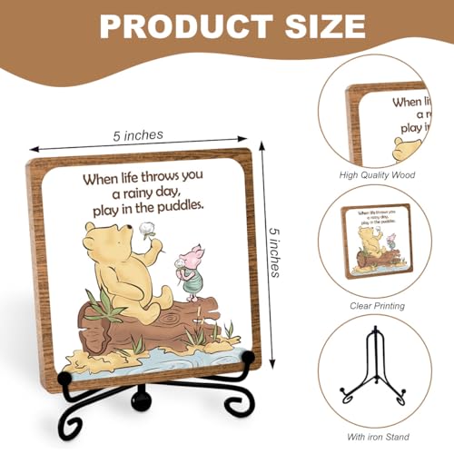 Inspirational Winnie Desk Sign, Positive Affirmation Table Decor, 5″x 5″ | Motivational Gifts for Women, Men, Friends, Coworkers, Positive Office Decorations for Desks, Cubicles, Shelves - style: Play in the puddles