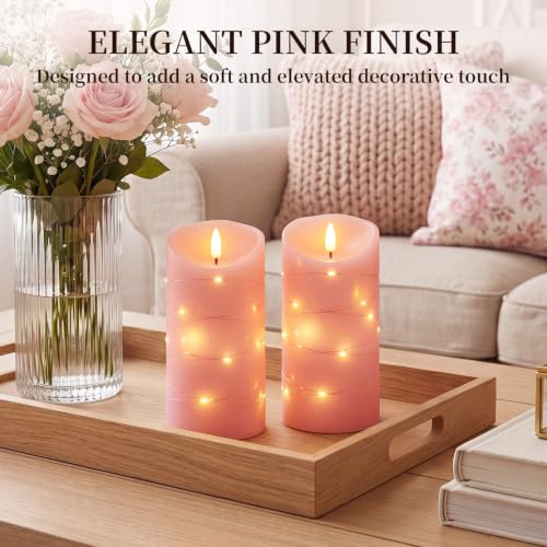 Homemory Flameless Candles with String Lights, 2 Pack Embedded Fairy String Lights LED Candles, Electric Flickering Candles with Remote Control and Timer, Real Wax, Pink - color: Pink, 2Pack
