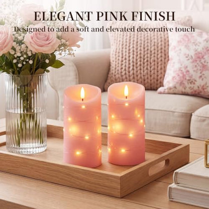 Homemory Flameless Candles with String Lights, 2 Pack Embedded Fairy String Lights LED Candles, Electric Flickering Candles with Remote Control and Timer, Real Wax, Pink - color: Pink, 2Pack