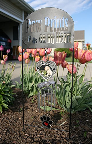 Pet Memorial Garden Stake with Wind Chimes & Photo Frame – Paw Prints on My Heart Pet Loss Gift for Dog or Cat Memorial – Black Wrought Iron Outdoor Grave Marker Sympathy Gift – 22.5"