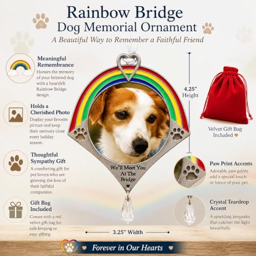 Rainbow Bridge Dog Memorial Ornament with Photo Frame – Pet Remembrance Christmas Ornament – Sympathy Gift for Loss of Dog – Holds Cherished Picture – Gift Bag Included – 4.25" H x 3.25" W - size: 1