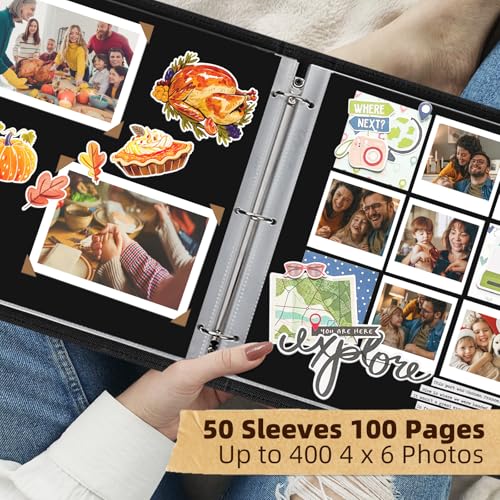 Vienrose 15"x13" Scrapbook Album Gift Set Faux Leather DarkBlue 100 Pages | 3 Ring Scrapbook With 100 Kraft Pages, 50 Plastic Sleeves, Blank Scrapbooks, Photobook, Valentine Gift Wedding Anniversary - color: Navy Blue, size: 15"X13" 50Sheets
