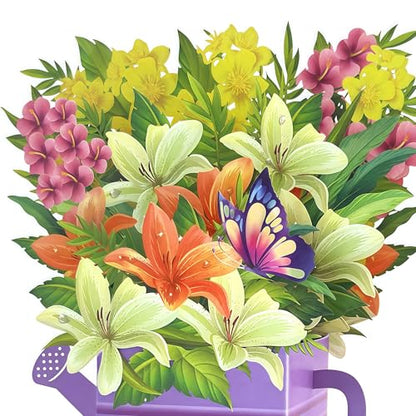 Pop Up Flower Bouquet Card, Paper Lily Bouquet Birthday Card | 3D Greeting Card for Wife, Mom, Grandma, Unique Get Well Soon & Thank You Card with Blank Notecard & Envelope - color: Lily Watering Can