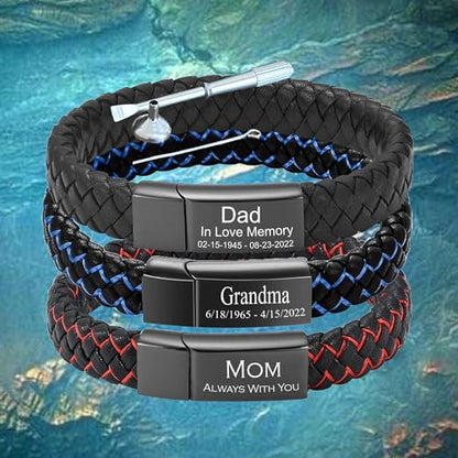 Personalized Cremation Jewelry Urn Bracelet for Ashes - Women Men Memorial Braided Blue & Black Leather Cuff Bangle with Engraving