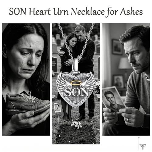 Family Members Urn Necklace for Ashes 925 Sterling Silver Angel Wings Heart Cremation Memorial Keepsake Pendant Jewelry for Loved One's Ashes, with 18" + 2" Stainless Steel Chain - style: Heart-Son