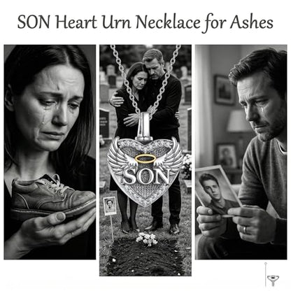 Family Members Urn Necklace for Ashes 925 Sterling Silver Angel Wings Heart Cremation Memorial Keepsake Pendant Jewelry for Loved One's Ashes, with 18" + 2" Stainless Steel Chain - style: Heart-Son