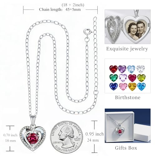 Locket Heart Necklace that Holds Pictures Photo Lockets Birthstone Pendant Anniversary Memorial Jewelry Gifts for Women - color: 07-July-Silver-Heart Locket