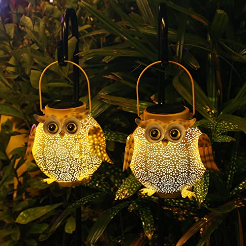 2 Pack Hanging Solar Lanterns - Garden Light Waterproof Metal Decorative Solar Lantern Lights Outdoor for Patio Yard Table Pathway with Owl Pattern - color: 2 Pack Owl Lantern