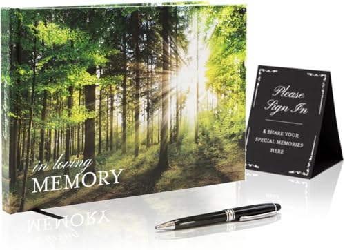 Forest Hardcover Funeral Guest Book - 9.5 x 7 Celebration of Life Guestbook for Memorial Service with 5x7 Paper Sign, Pen, Black Photo Corner Stickers - color: Forest