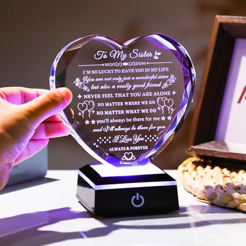 Arikyrist Sister Gifts from Sister Brother with Colorful LED Base Birthday Gifts Idea for Sisters Crystal Heart Keepsake Sisters Gift for Women for Christmas Mother's Day Valentines - style: Sister Gifts + Light Base