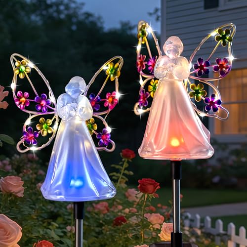 Angel Solar Lights for Cemetery Memorial Gift Grave Decorations Solar Angel Stake Lights Outdoor Waterproof Garden Decor Yard Lawn Ornaments, Angel Gifts for Women 2 Pack - color: Colorful Flower
