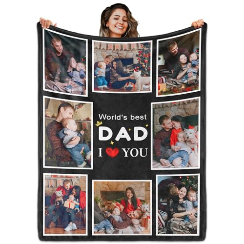 Fathers Day Birthday Gift for Dad Custom Blanket with 8 Photo & Text, Personalized Blankets with Picture to My Dad, HD Printing Customized Flannel Throw Blanket Gifts for Best Daddy Grandpa Ever - color: Dad-3