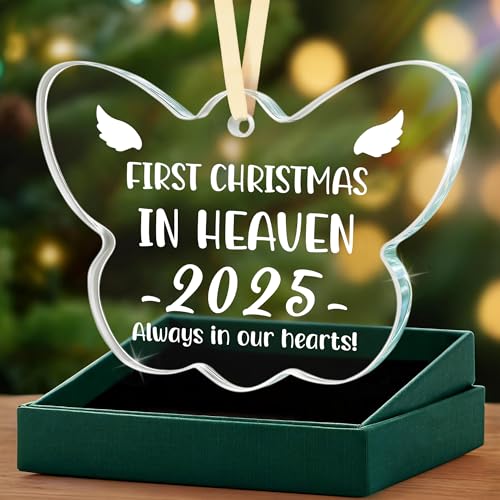 Sympathy Memorial Gifts for Loss of Loved One, Sympathy Bereavement Remembrance Gift, First Christmas in Heaven Butterfly Glass Ornament Keepsake for Mom, Friend, Coworker, Husband, Brother, Grandma - style: BF-In Heaven
