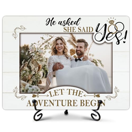Engagement Picture Frame, He Asked She Said Yes Wedding Photo Frames, Newly wed Gifts for The Couple Newly Engaged, Engagement Party Favors, Let The Adventure Begin (4 x 6 Photo)-A03 - color: white wedding