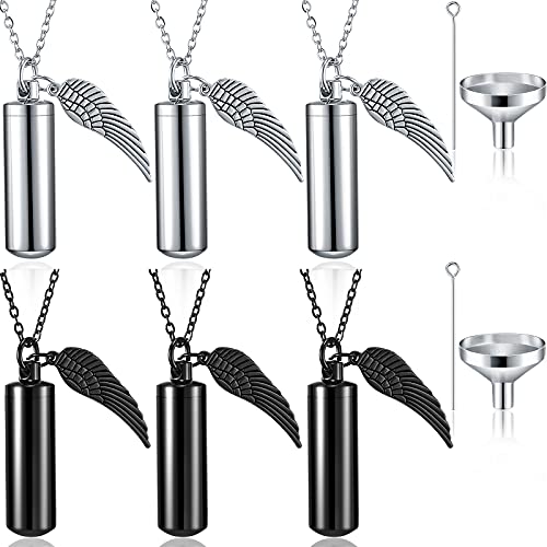 MTLEE 6 Pcs Urn Necklace for Ashes Cremation Jewelry Set | Urn Jewelry Necklace with Wing Steel Cremation Keepsake Memorial Jewelry Angel Cylinder Pendant for Loved One or Pet Ashes - color: Mix