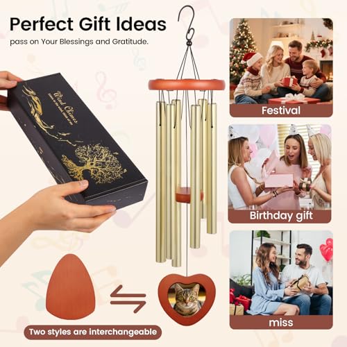 Memorial Wind Chime for Loss of Loved One, Sympathy Gift with Photo Frame for Mother Father Pet, 33" Deep Tone Healing Bereavement & Remembrance Gift (Gold) - color: Gold