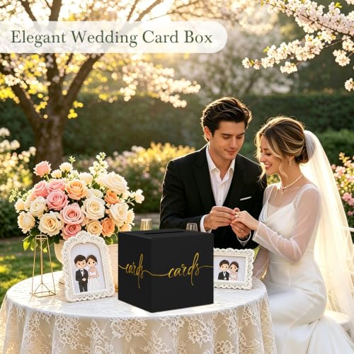 Black Card Box with Gold Foil Design, Paperboard 8.7" Gift Card Holder for Wedding Graduation Birthday Party Reception Retirement Anniversary Bridal & Baby Shower - color: Black Card Box with Gold Foil, size: 8.7×8.7×8.7Inch(1 Pack)
