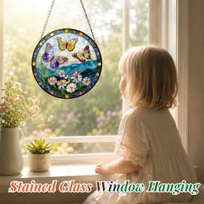 Stained Glass Butterfly Suncatcher Window Hanging Birthday Gifts for Women - color: Butterflies, size: 6.3x6.3 IN