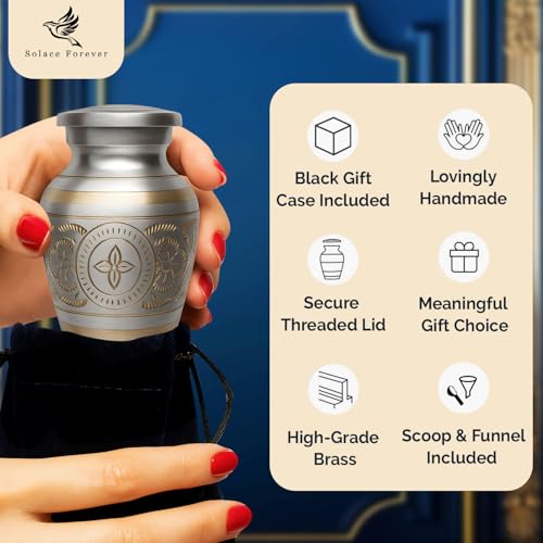 Small Urns for Human Ashes – Brass Hand-Engraved Funeral Keepsake with Elegant Silver Finish – Mini Cremation Memorial for Mom, Dad & Loved Ones - color: Silver