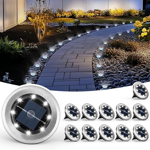 Mini Solar Ground Lights, 12 Pack Solar Powered Pathway Lights, Waterproof Outdoor Light for Garden, Driveway, Walkway, Backyard, Patio (Cool White) | Stainless Steel Solar Powered Driveway Lights Waterproof, Landscape Lighting for Pathway, Garden, Backya