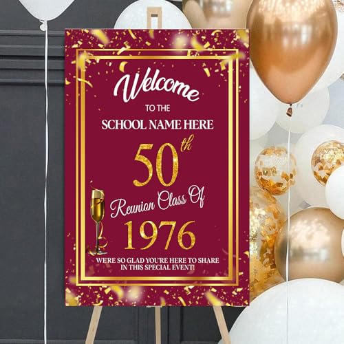 Personalized 50th Class Reunion Welcome Sign, Gold Confetti on Maroon Sign, College Reunion Plastic Board - color: Version 7