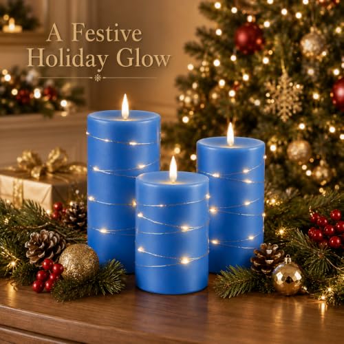 Upinmz Blue Real Wax Flameless Candles, 3-Pack, Remote Timer, String Lights - size: Blue-Wax-3 Pack