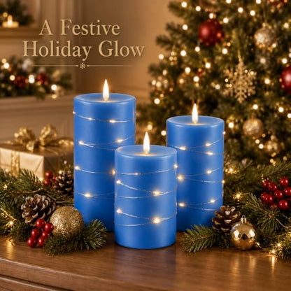 Upinmz Blue Real Wax Flameless Candles, 3-Pack, Remote Timer, String Lights - size: Blue-Wax-3 Pack