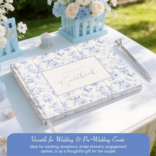 Blue Floral Wedding Guest Book with Pen, Hardcover, 144 Pages, 9x7 inches | Silver Foil Title, Space for Polaroid Photos Messages, Sign In Book for Reception, Bridal Shower Guest Book, Engagement Party - color: Blue