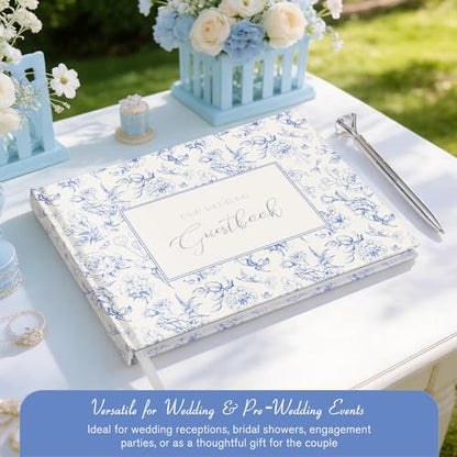 Blue Floral Wedding Guest Book with Pen, Hardcover, 144 Pages, 9x7 inches | Silver Foil Title, Space for Polaroid Photos Messages, Sign In Book for Reception, Bridal Shower Guest Book, Engagement Party - color: Blue