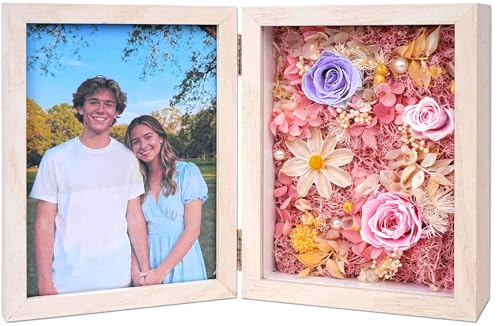 5x7'' Shadow Box Picture Frame Double Photos with Preserved Flowers, Real Floral Deep Wood Shadow Box Display Case Desktop Decor with Glass Front/Card/Gift Box, Gift Box for Family/Valentine’s Day - color: Pink