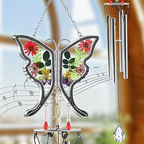 KY&BOSAM Butterfly Wind Chime with Crystal Sympathy Wind Spinner Memorial Wind Chimes for Loss of Loved One Prime Bereavement Sympathy Memorial Gift for Loss of Mother Father Condolence Remembrance - color: Butterfly 5 Long - Red, Purple, Green