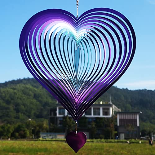 DJUAN Wind Spinner Purple-Green Gradient Love Heart 3D Metal Hanging Wind Spinners Worth Gift Stainless Steel Yard Art Decorations Indoor/Outdoor Kinetic Wind Sculptures & Spinners - color: Purple-green Gradient