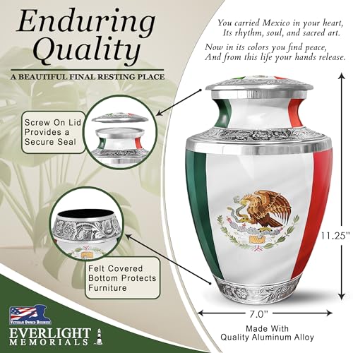 Mexican Flag Large Cremation Urn for Adult Ashes – Urna Memorial Grande para Cenizas - Tribute to Mexican Pride (Orgullo) - Burial Urns for Adult Human Ashes - size: Adult Large