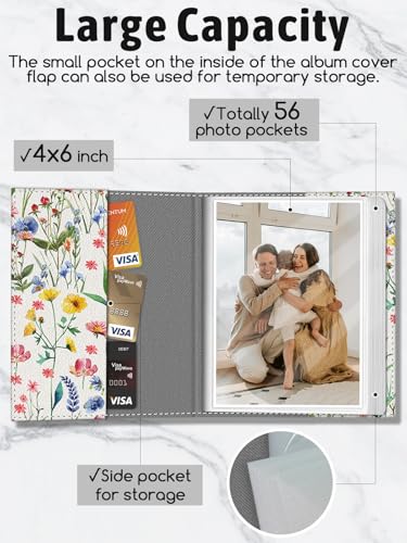 Photo Album 4x6, Small Picture Book Botanical Wild Flowers | 56 Pockets Mini Cute, Postcard Vacation Travel Wedding Graduation, PU Leather Family Grandma Child Mom Gift, Personalized - color: Botanical Wild Flower