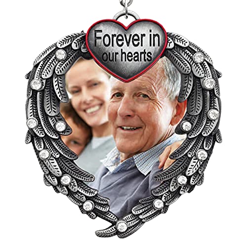 Memorial Photo Ornament for Loss of Loved One, Forever in Our Hearts Silver Heart Ornament with Angel Wings, Personalized Picture Memorial Christmas Ornament, Sympathy Gift, 3 Pack with Storage Bag