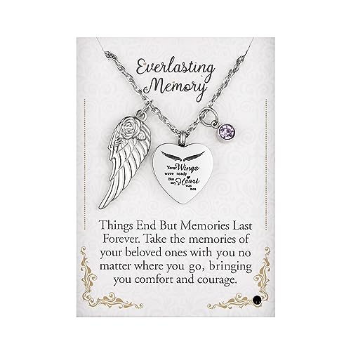 Dletay Heart Urn Necklace for Ashes with 12 Birthstones Cremation Jewelry for Ashes -Your Wings Were Ready My Heart Was Not - color: Your wings-Silver Box