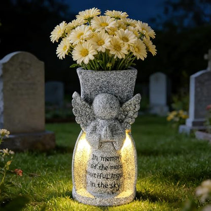 HUYIENO Solar Cemetery Flower Vase Angel Memorial Vase for Grave Outdoor Waterproof Cemetery Decorations with Metal Spikes Sympathy Loss Gift Memorial Gifts - style: Angel