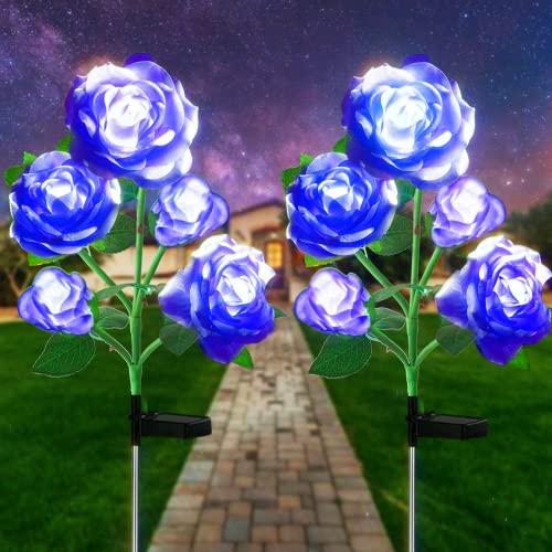 10 LED 7-Color Changing Solar Rose Flower Lights Garden Decorations Outdoor Waterproof Decorative Stake Lights for Patio Pathway Yard Lawn Decor(2 PCS Blue) - color: Blue