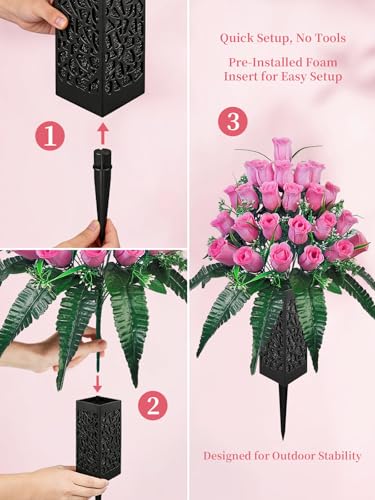 Mirevielyn 2-Pack 24-Stem Artificial Rose Cemetery Flowers with Vases - color: Pink (Soft Tone)