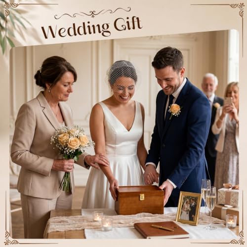 Junkin Large Wooden Keepsake Box with Lock & Photo Frame Lid Customizable Dividers Elegant Wedding Treasure Box for Photos, Letters, Time Capsules, Bride Gift, Decorative Storage