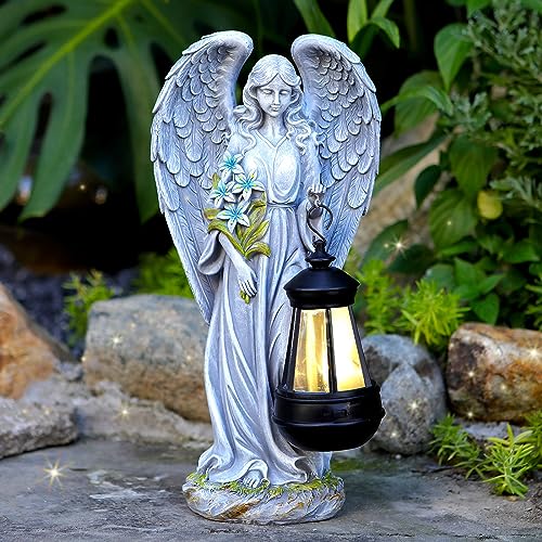 VChymm Solar Angel Outdoor Garden Decor Statues – 13.2 inches Solar Outdoor Sculptures for Outside Yard Art Patio Balcony Front Lawn Ornaments Gifts for Mom Grandma Women - color: Gray