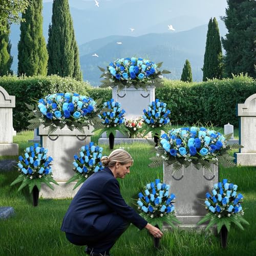 Artificial Cemetery Flower Headstone Flower Saddle Grave Rose Flowers for Cemetery Non-Bleed Colors Windpoof (Blue) - color: Blue