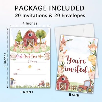 Farm Animal Birthday Invitation Cards with Envelopes, 20 Pack 4x6 Fill-In Party Invites for Boys Girls, Barnyard Kids Birthday Party Supplies - B04 - color: Farm