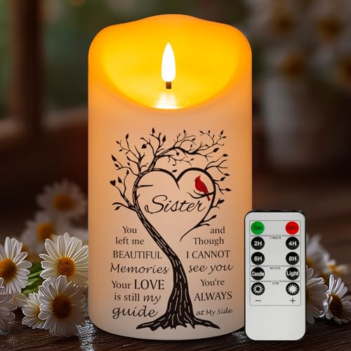 Flameless Memorial Candle for Loss of Sister, Real Wax LED Light with Remote Sympathy Bereavement Gifts for Loss of Loved One Memorial Gifts for Loss of Sister (4" x 7") - color: Sister