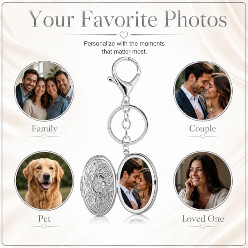 Photo Keychain for Women Silver Oval Locket Bag Charm Picture Holder Purse Accessory Memory Gift for Mom Wife