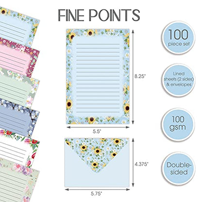 Better Office Products Mini Stationery Set, 100 Piece Set (50 Lined Floral Sheets + 50 Matching Envelopes), 5.5 x 8.25 inch, 6 Unique Designs, Double Sided Printing, Double Side Lined Paper,