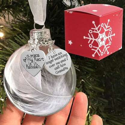 Clear Christmas Memorial Ornament Feather Ball, A Piece of My Heart is in Heaven Loss of Loved One Grandpa Christmas Tree Hanging Sympathy Gift with Silk Ribbon & Red Gift Box - color: Grandpa