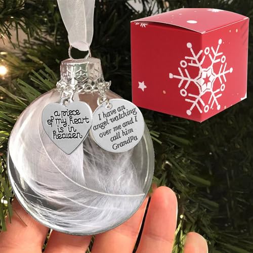 Clear Christmas Memorial Ornament Feather Ball, A Piece of My Heart is in Heaven Loss of Loved One Grandpa Christmas Tree Hanging Sympathy Gift with Silk Ribbon & Red Gift Box - color: Grandpa