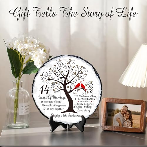 14th Anniversary Wedding Gift for Her Him – Natural Slate Stone Plaque, 14 Year Anniversary Idea Gifts for Wife Husband, Ivory 14 th Wedding Keepsake Gifts - color: 14th Anniversary