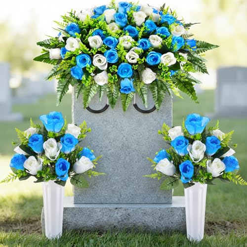 Janinka 3 Pcs Artificial Cemetery Flowers for Grave Set 19.7"x13.8" 1 Headstone Flower Saddle 2 Cemetery Flower with Vase Tombstone Rose Bouquet for Outdoor Gravesite Decor(Blue, White) - color: Blue, White
